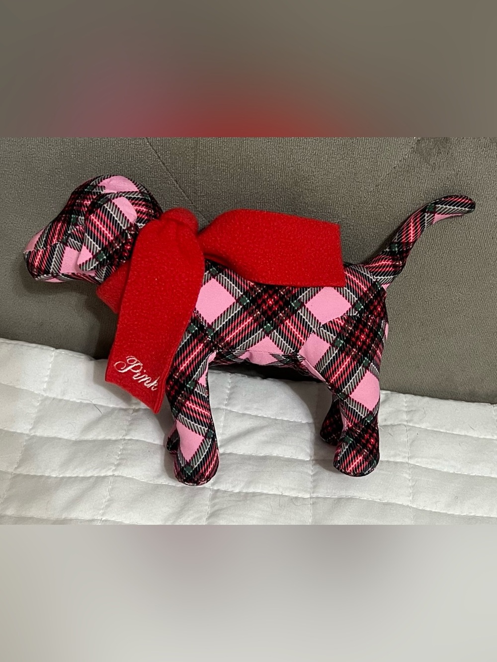 PINK Victoria's Secret Plaid Dog Stuffed Animal Toy with Red Scarf -no tag